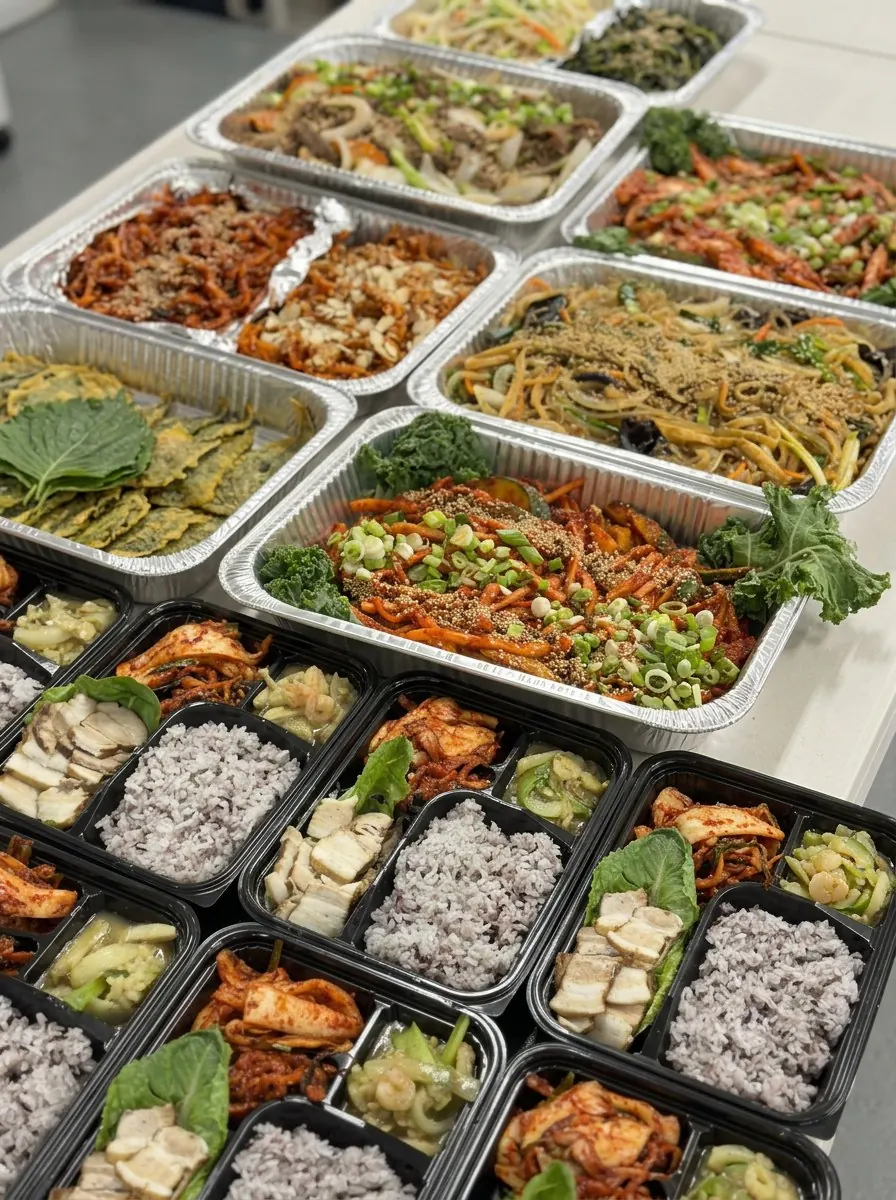Banchan 365 Catering, Fullerton: trays of Korean dishes and dosirak lunch boxes