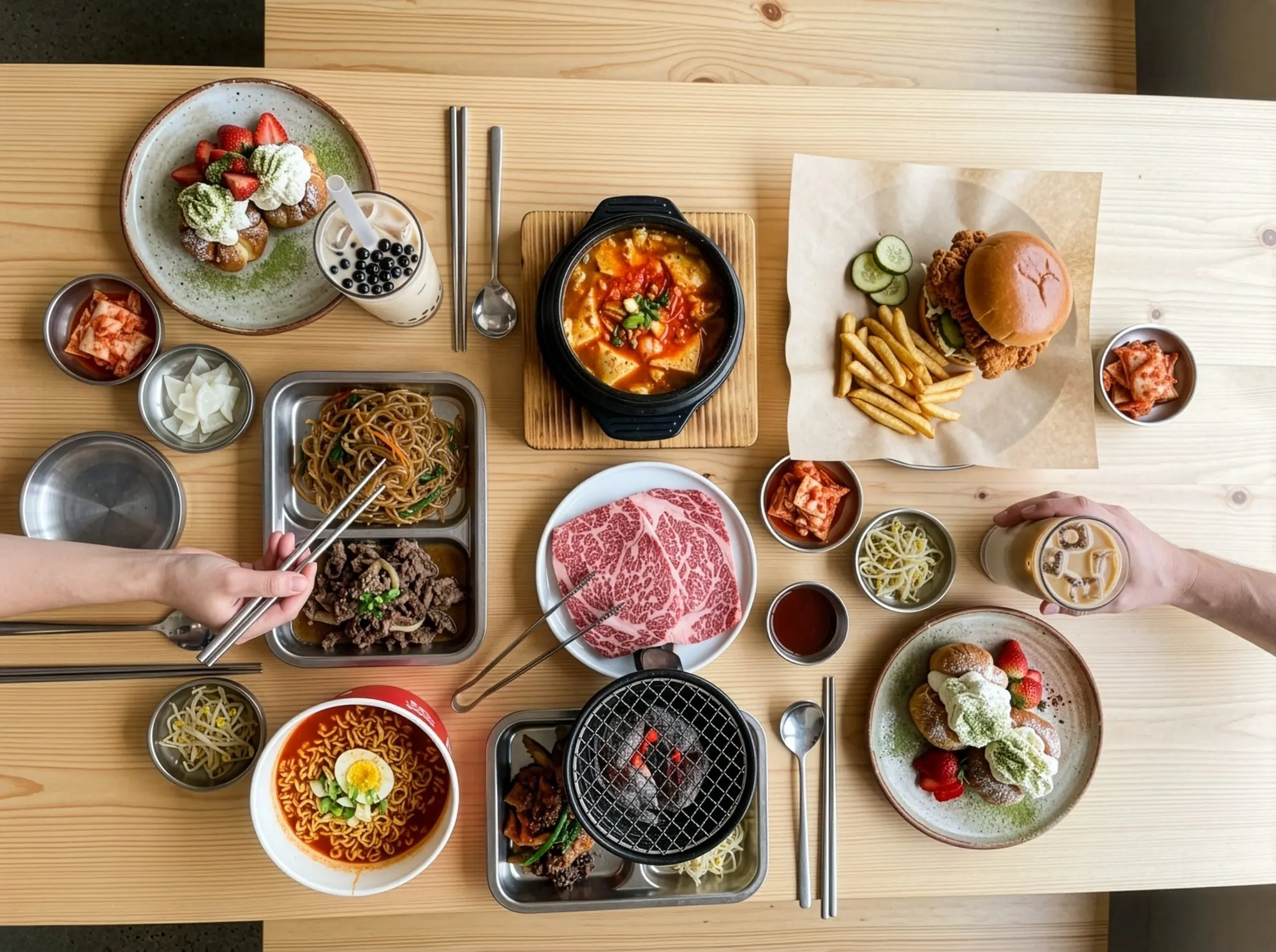A shared table with a fried chicken sandwich, Korean BBQ, soft tofu stew, ramyun and coffee