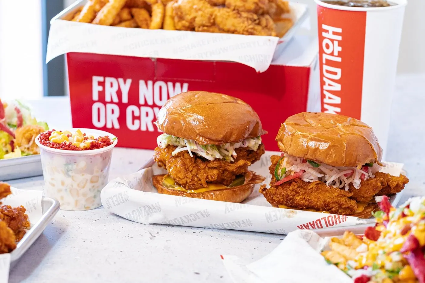 Holdaak, Orange: fried chicken sandwiches with fries and slaw