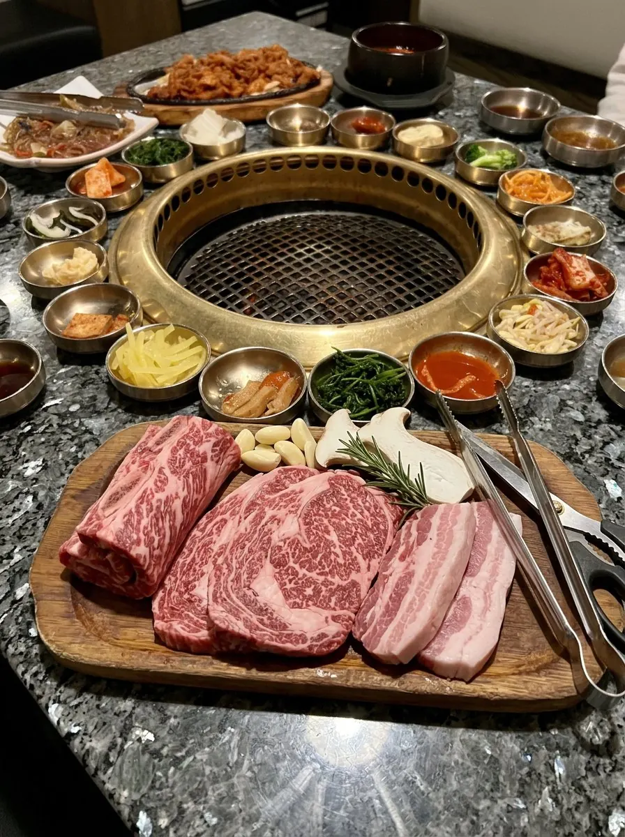 Meat 82 KBBQ, Irvine: marbled beef and side dishes around a tabletop grill
